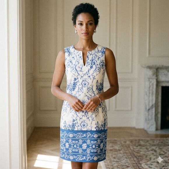 London Times Dresses & Skirts - London Times Women's Size 2 Blue White Floral Damask Sleeveless Sheath Dress